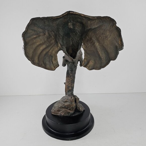 Cast Metal Elephant Head Sculpture On Black Base Bronze Look - Picture 4 of 8